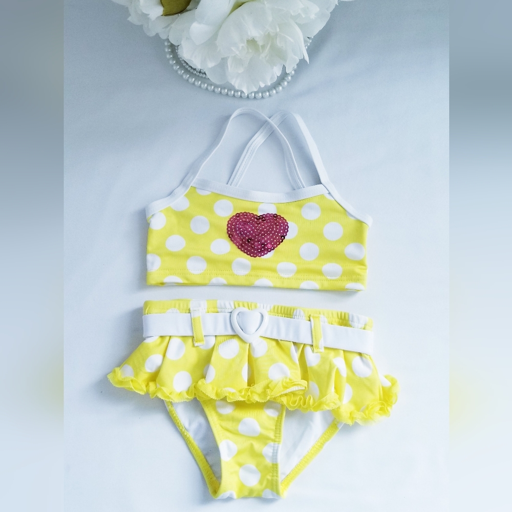 2/$20 Penelope Mack 2-Piece Swimsuit Heart Sequined Yellow/White Polka Dot Print
